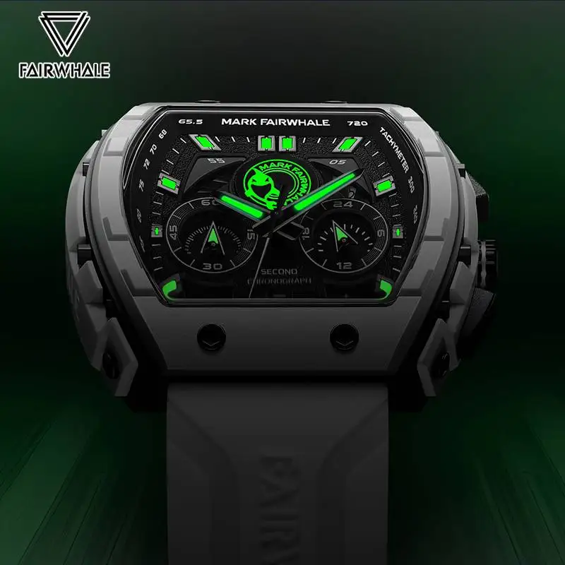 Moda Relógios Brancos Para Homens Esporte Silicone Strap Dive Luminous Quartz Watch Tonneau Forma Resina Caso Multifuncional Relógio Novo