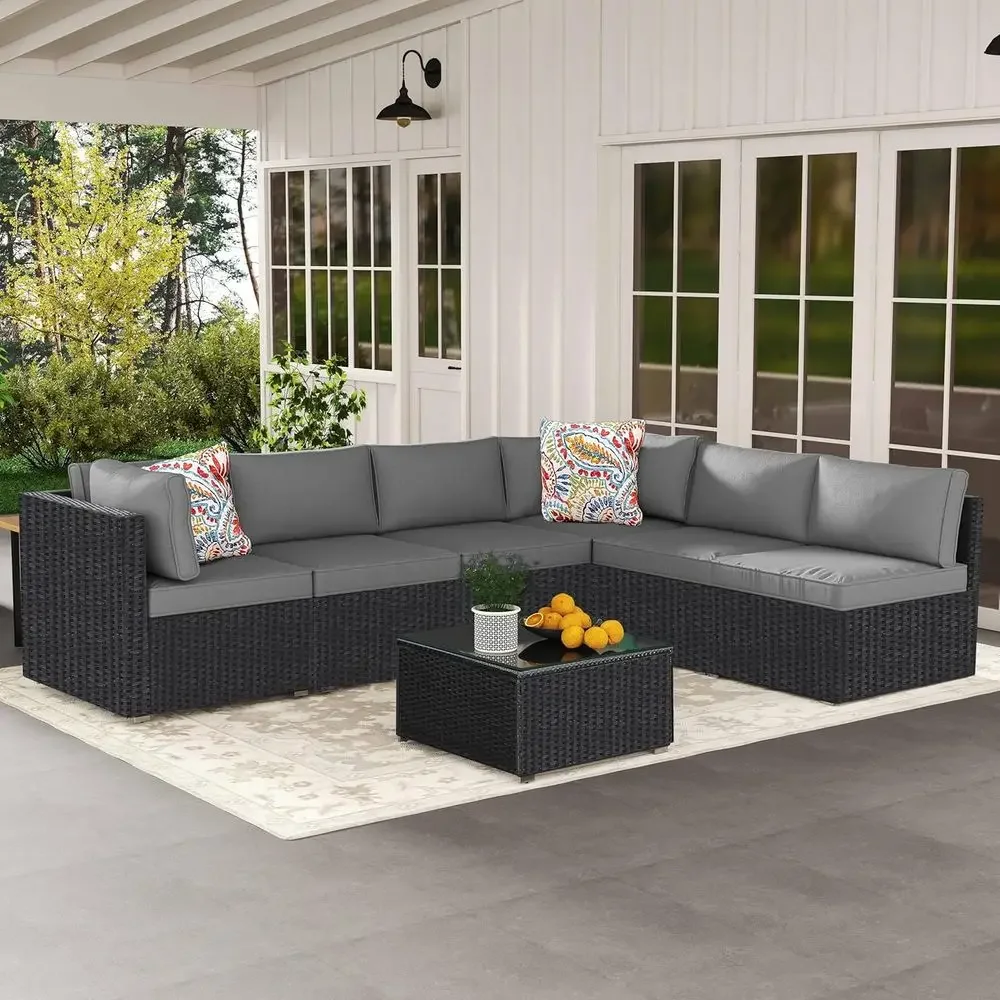 7-Piece Outdoor Patio Furniture Set with All-Weather Rattan and Thick Waterproof Cushions for Garden and Backyard in Black/Grey