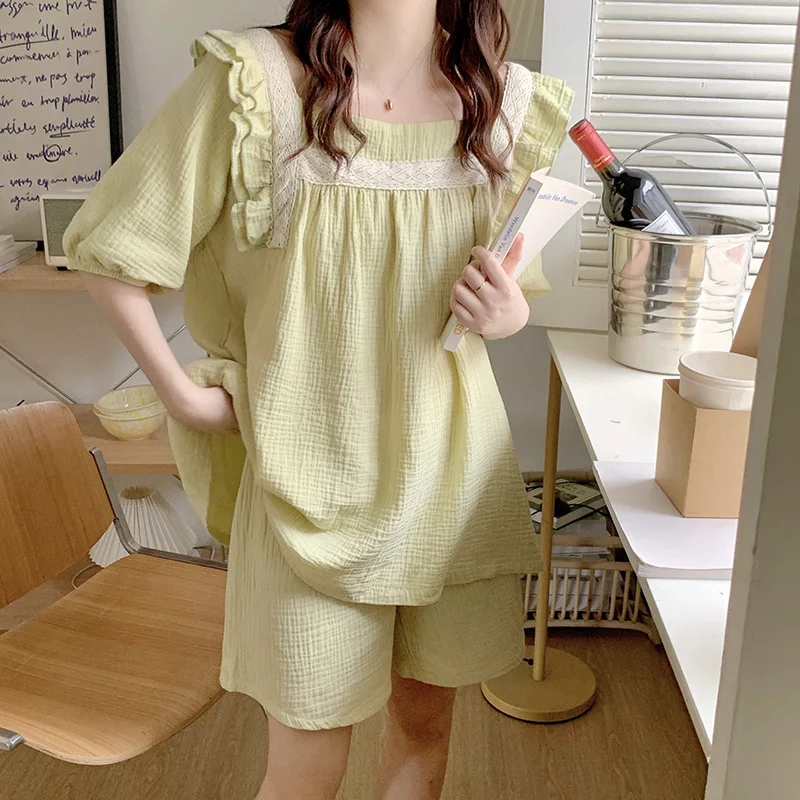 Simple Sweet Solid 4-Color Summer Short Sleeve New Pajama Set Women Half Pants Loose Holiday style Lazy Soft Elegant Sleep Tops