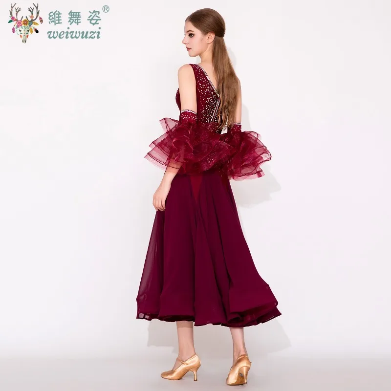 Traje de desempenho de dança moderna high-end luxo borgonha sem costas vestido adulto salão valsa dança competição roupas