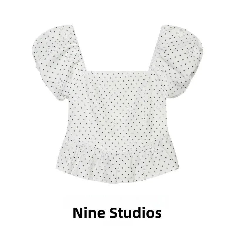 NINE ZAR Women's Sweet Style Embroidered Hollow out Print Short Sleeve Square Collar T-shirt Cotton Polyester Material