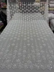 White African Heavy Beaded Lace Fabric 2025 High Quality 5 Yards Nigerian Sequins Groom Fabric Material For Wedding Party Dress