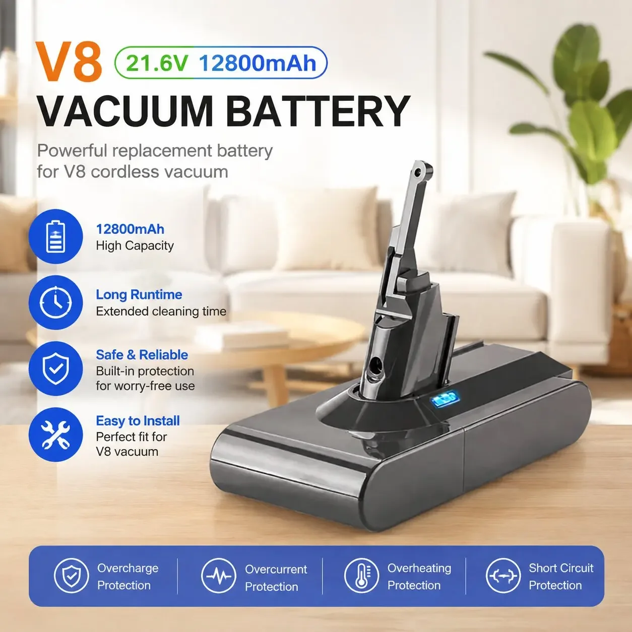 Batteria di ricambio agli ioni di litio da 21,6 V e 12800 mAh per aspirapolvere Dyson V8, compatibile con i modelli SV10, DC58 e DC62, per una maggiore durata.