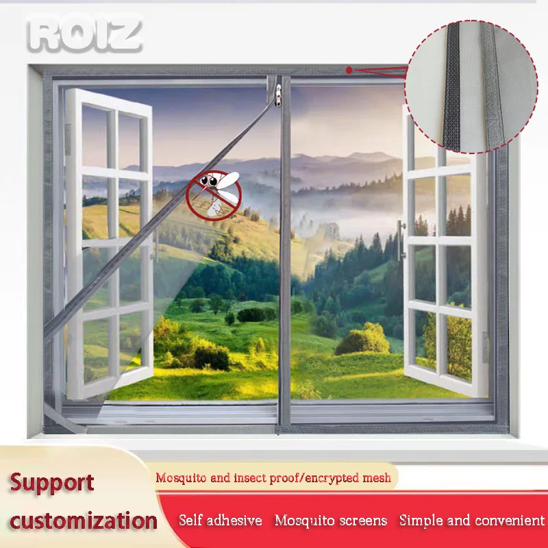 Customized new upgraded high-grade anti-mosquito screen mesh home self-adhesive mosquito net invisible screen zipper style grey