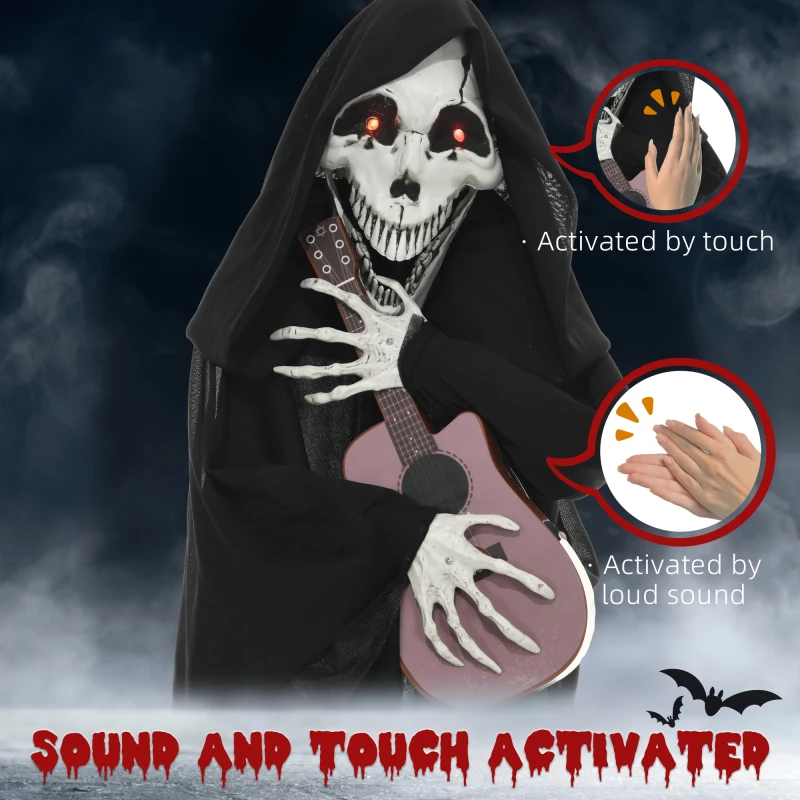 HOMCOM 4.3' Decorazione per Halloween all'aperto Gioco di chitarra animatronico Grim Reaper, oggetto animato attivato dal suono e dal movimento con L