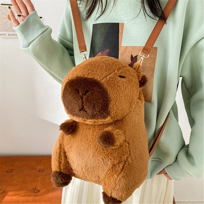 E74B Bolsa transversal pelúcia inverno com desenho animal fofo mochila capivara para mulheres meninas