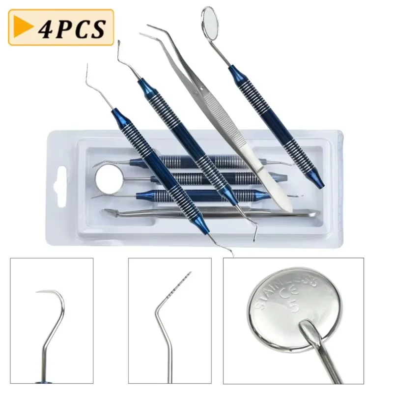 4Pcs Dental Oral Cleaning Kit Scraper Mirror Scaler Set Plaque Remover Stainless Steel Care High Temperature Disinfection Tool