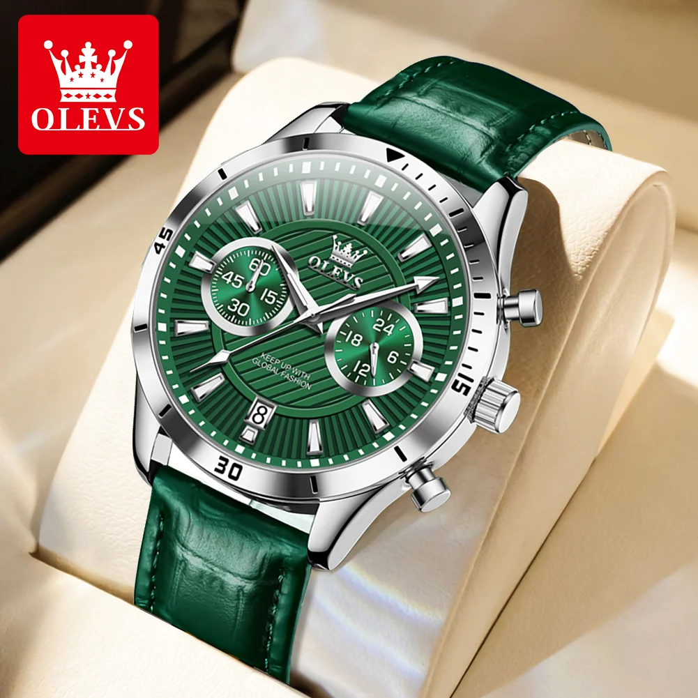 OLEVS NEW Men Watch Green Leather Strap Calendar 24 Hours Chronoscope Luminous Waterproof Wristwatch High Quality Men\'s Watches