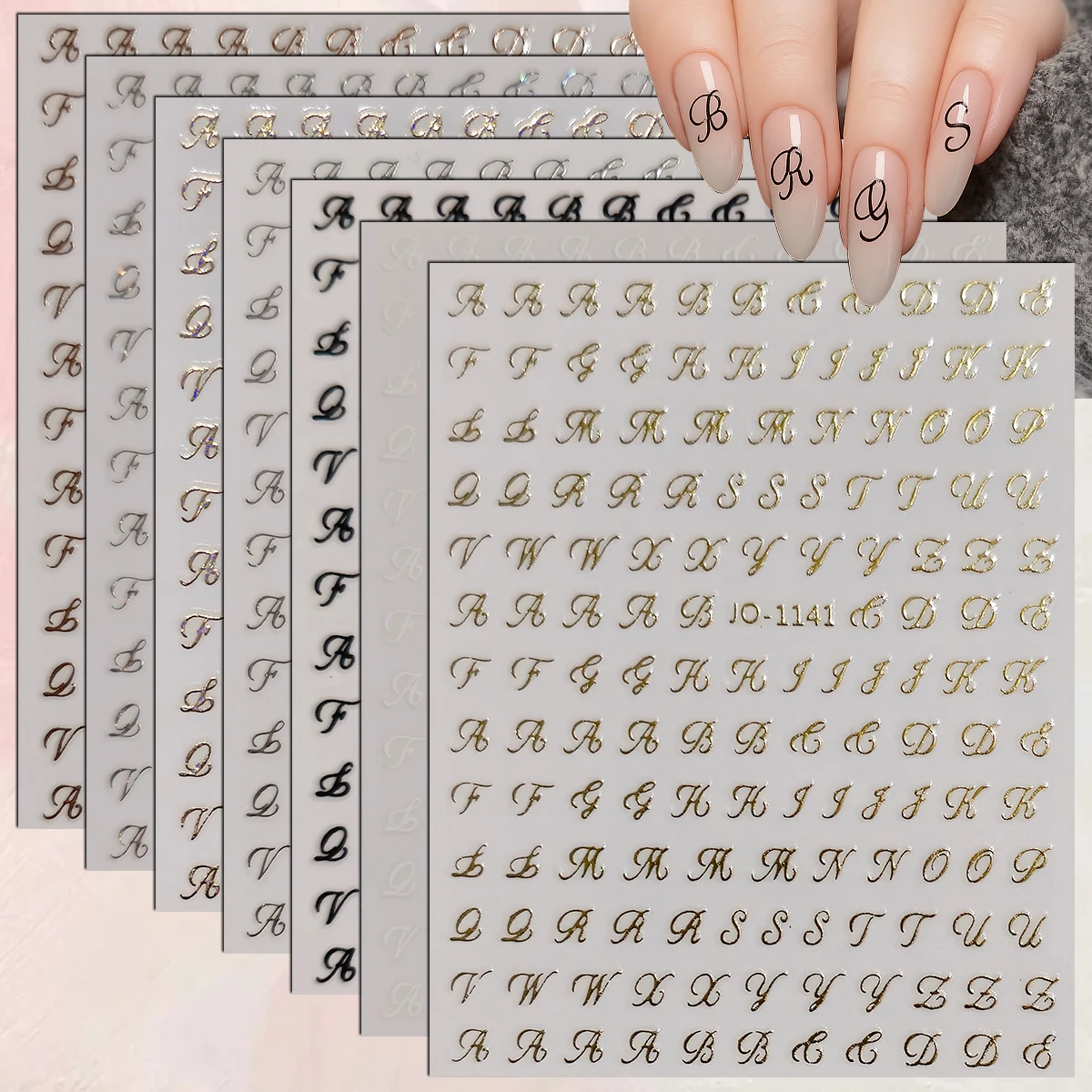 Adesivi per unghie con lettere dell'alfabeto in corsivo 3D, da 2 a 35 fogli, oro, argento, nero, bianco, monogramma iniziale, autoadesivi, fai da te