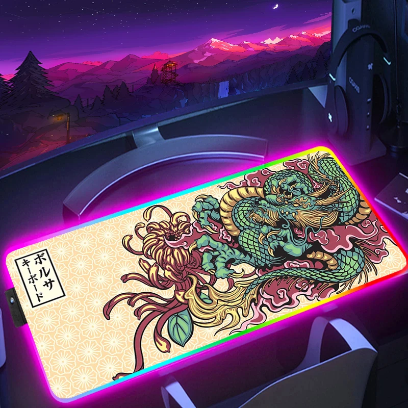 Japanese Dragon Mousepad RGB Large Non-Slip Mouse Mat Game Rubber Computer Mouse Pad Gamer Carpet LED Gaming HD Print Desk Mat