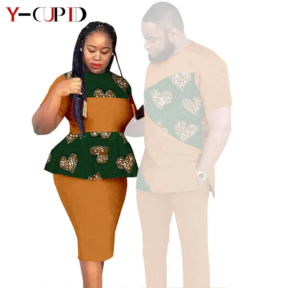 African Clothes for Couples Dashiki Women Patchwork Print Dresses Matching Men Outfit Top and Pants Sets Love Party Wear S20C010
