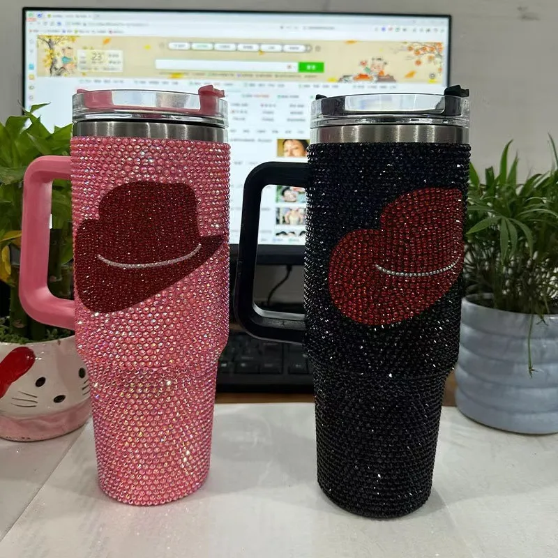 Diamond Bling Handle Cup Rhinestone Tumbler Vaccum Steel Stainless Bottle Thermal Insulation Kettle Coffee Mug Handcraft Gift