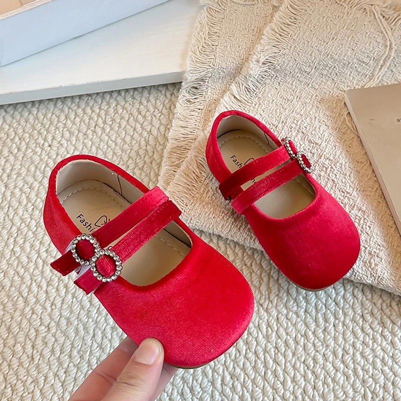 Girls Velvet Mary Jane Flats Double Strap Rhinestone Buckle Round Toe Princess Style Casual Party Footwear Baby Girl Shoes 21-34