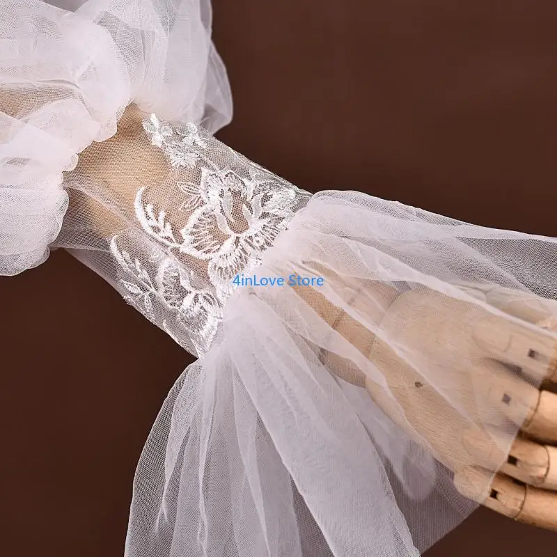 T4MD Elegant Wedding Gloves Lace Flower Design Flared Sleeves Arm Coverage for Bride