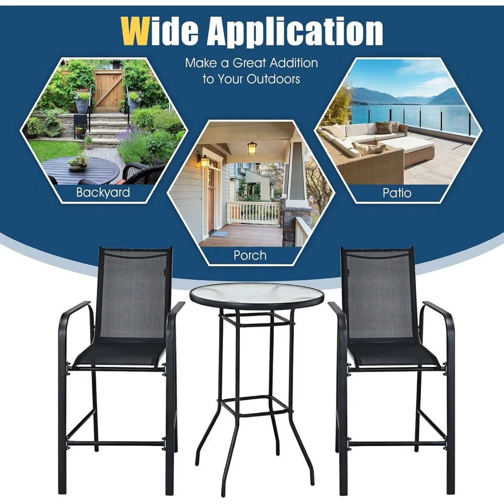 3-Piece Patio Bar Set Outdoor High Top Bistro Set with 2 Bar Stools and 1 Tempered Glass Top Table