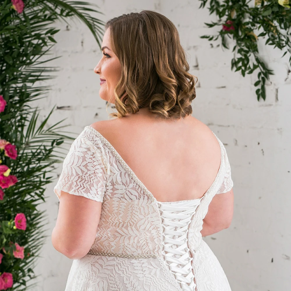 Charmante robe de mariée à manches courtes avec dentelle pour femme, train de balayage, patients, quoi que ce soit, lacets dans le dos, été, éducatif, 2024