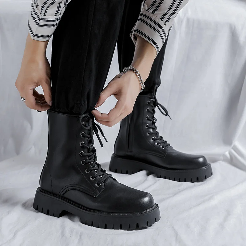 large size men's motorcycle boots luxury fashion genuine leather shoes cowboy autumn winter boot high top platform botas zapatos