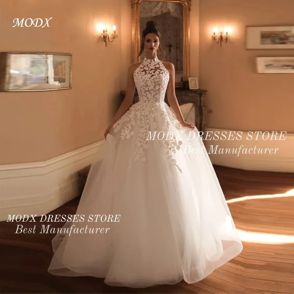 MODX 2026 Luxury Appliques Halter Wedding Dress Sleeveless Bridal Gown Floor Length Customized Vestidos Novias Boda Women