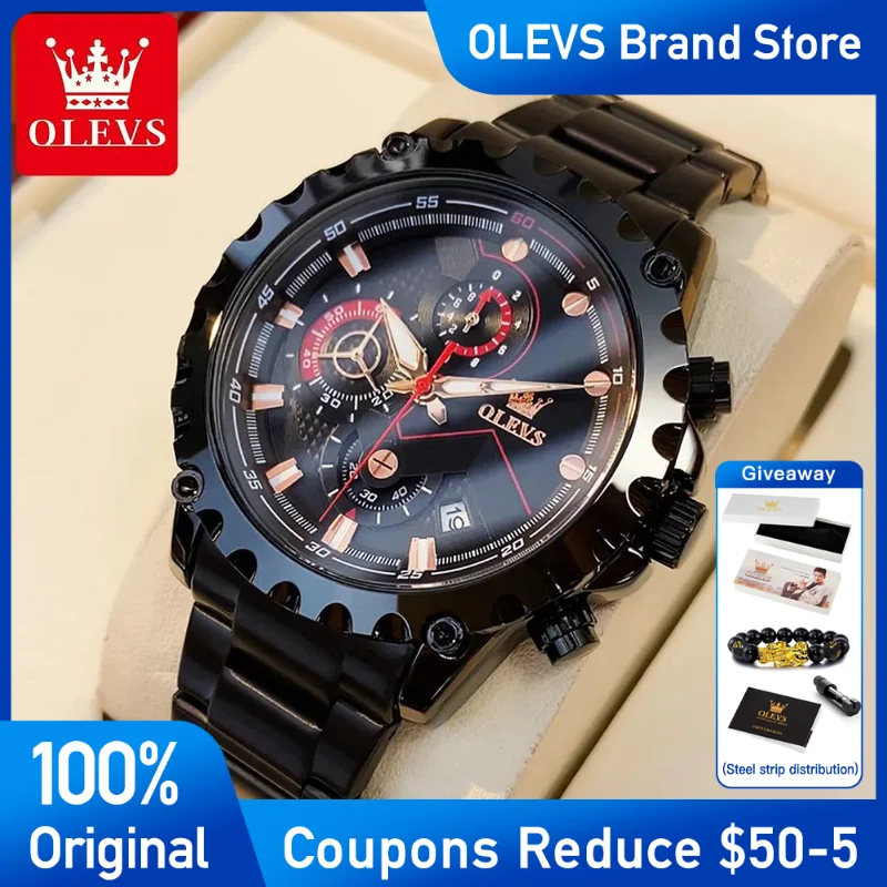 

OLEVS Mens Watch luxury Stainless steel Quartz Watch Waterproof Luminous calendar Brand Men's Wristwatch Three small dials Reloj