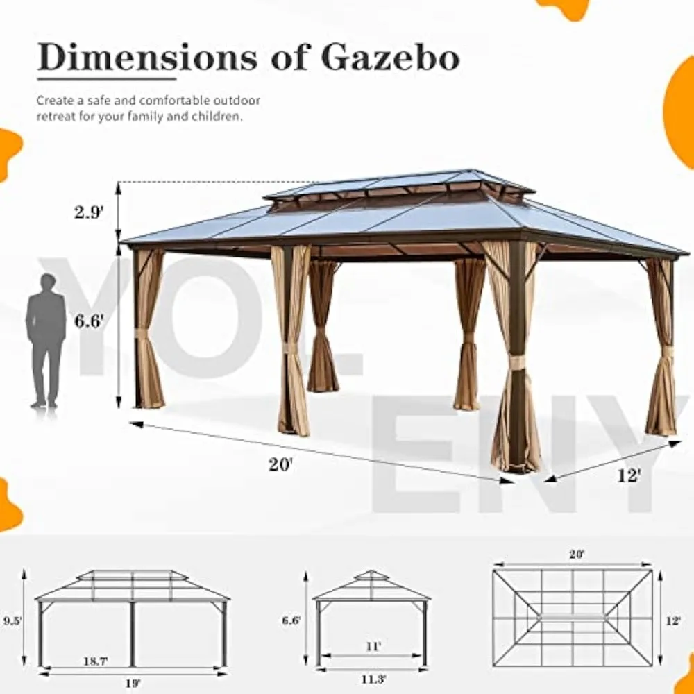 12'x20' Outdoor Gazebo, Outdoors Polycarbonate Double Roof Canopy, with Curtains and Netting, Outdoor Gazebo