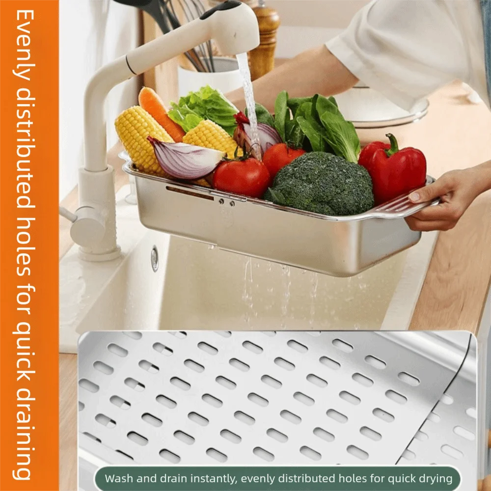 

Retractable Vegetables Drain Basket 304 Stainless Steel Thickened Kitchen Sink Rack Drain Hole Bottom Rectangular