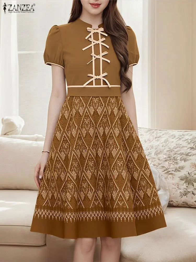 

ZANZEA Fashion Knee-Length Printed Dress 2025 Vintage Short Sleeve Elegant Office Sundress Femme Robe Casual Loose Vestidos