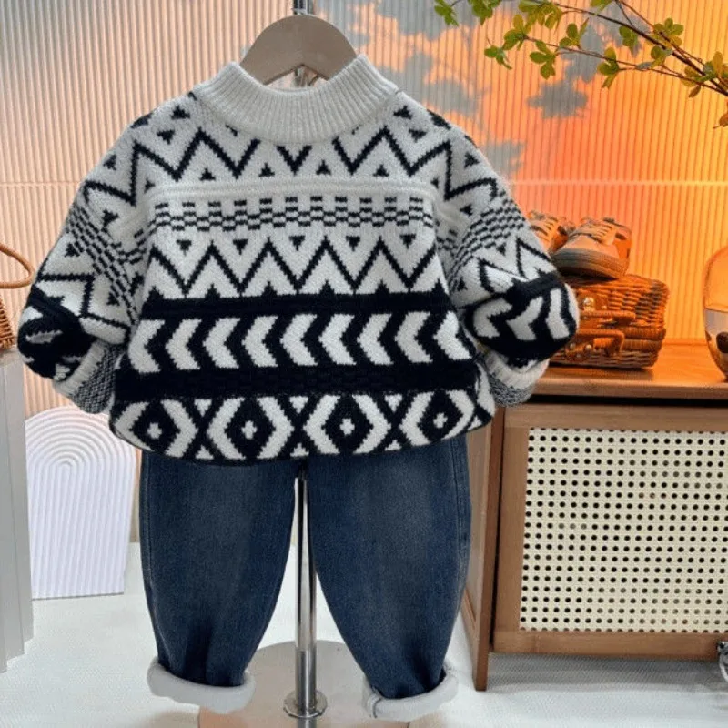 Boys' Winter Thickened Fleece-Lined Knit Base Layer Baby Sweater 2025 New