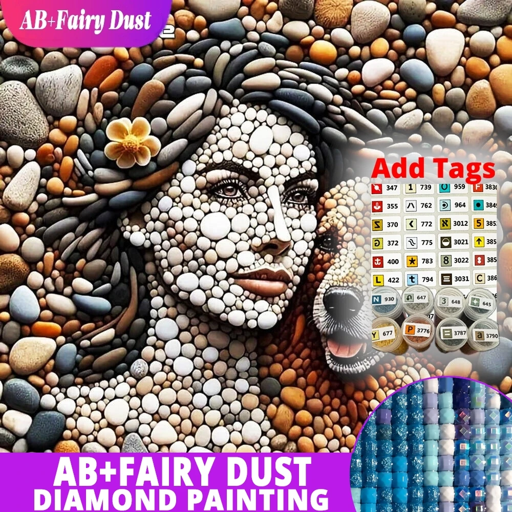 

AB Fairy Dust 5D Diamond Painting Woman Portrait Cobblestone Picture Rhinestones Mosaic Dog Embroidery Wall Art