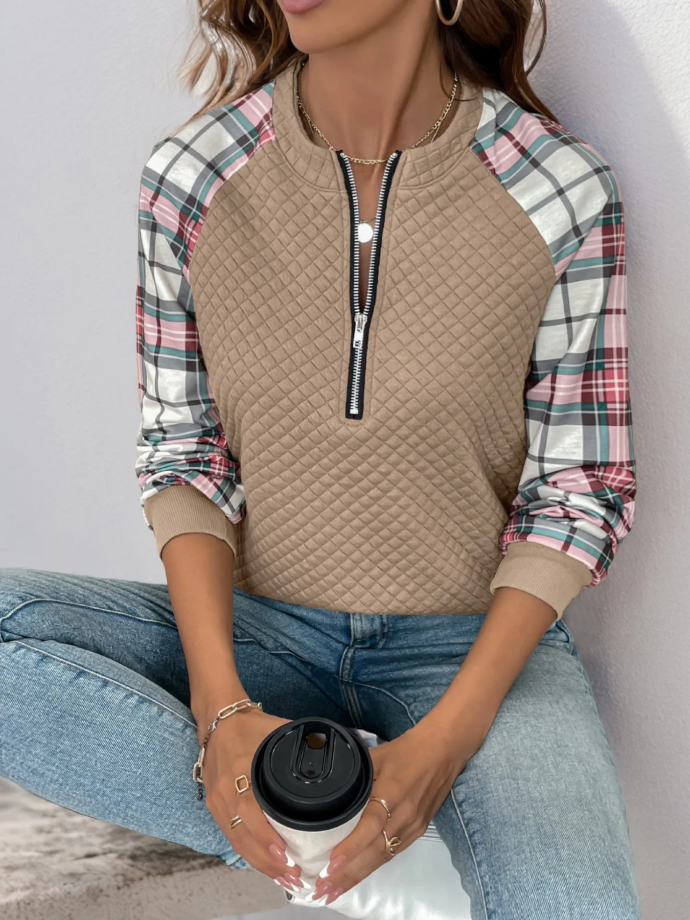 Plaid Patchwork Sweatshirt Loose Fit Literary Retro with Regular Length Autumn Striped Standard Thickness Crew Neck Women Hoodie