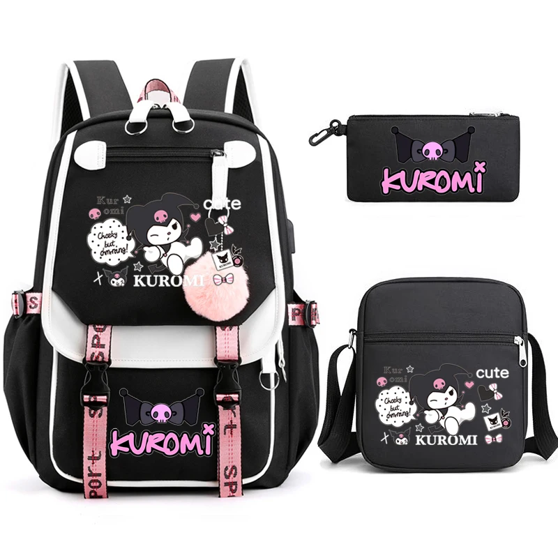 Purple Kuromi Backpacks 3pcs Teens Laptop Bag Travel Backpack for Women Large Capacity Girls USB Mochilas WIth Shoulder Bags