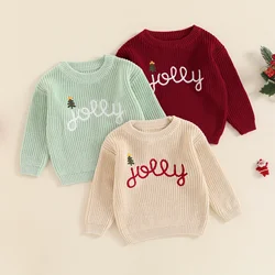 VISgogo 0-3 Years Toddler Christmas Sweaters Letter Embroidered Long Sleeve Round Neck Ribbed Knitted Pullover Tops Fall Clothes