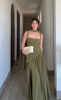 Suninheart Summer Elegant Olive Green Maxi Dress for Women Flowy Long Dress with Scarf Birthday Party Beach Graduation dress - Image 3