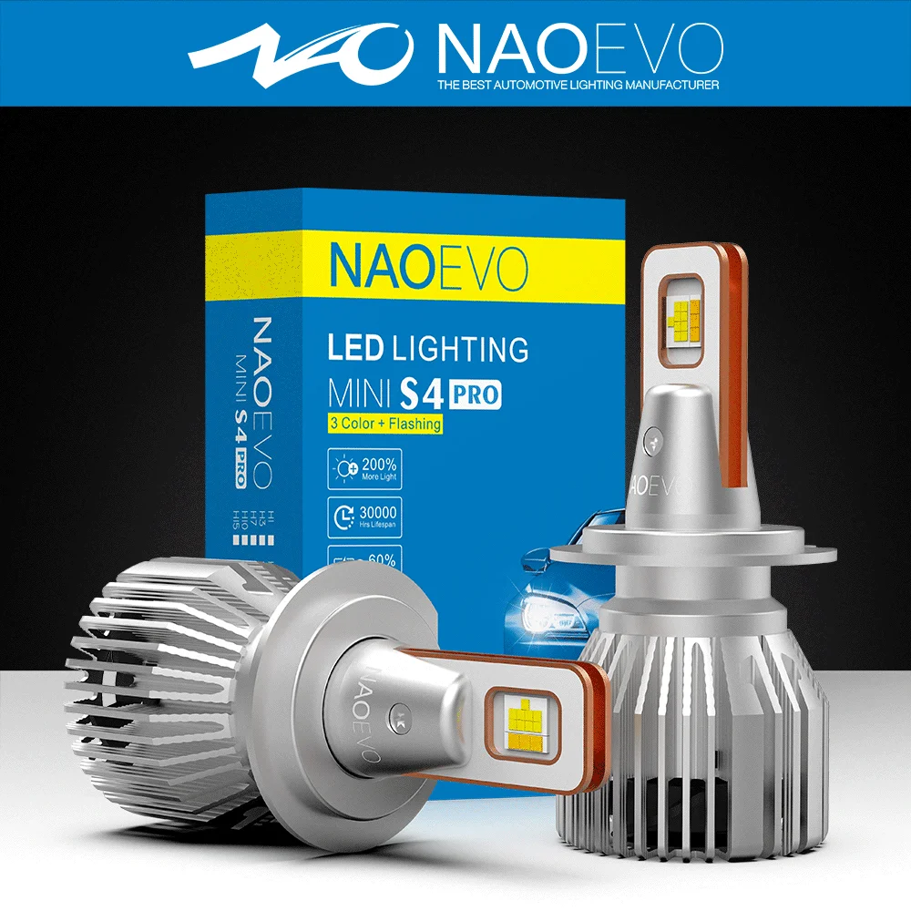 

NAOEVO S4 3-цветная мигающая лампа для фар H4 H7 H11 4300K 3000K Желтый автомобильный фонарь 6500K Белый дальнего ближнего света 9005 9006