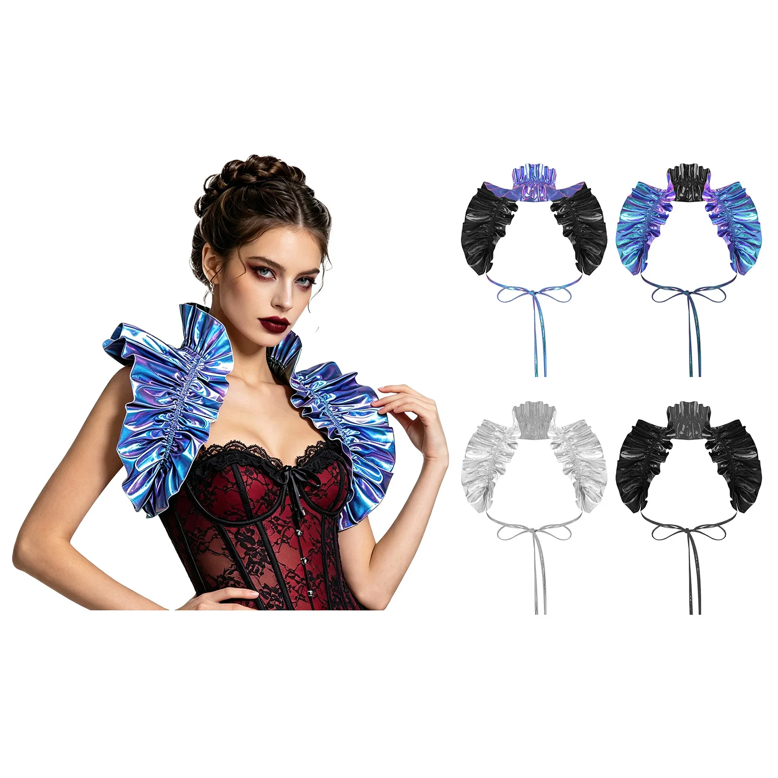 Halloween Cosplay Witch Costume Wrap Gothic Renaissance Cape Shrug Shawl Shiny Metallic Ruffle Shrug Shawl Stage Show Performanc