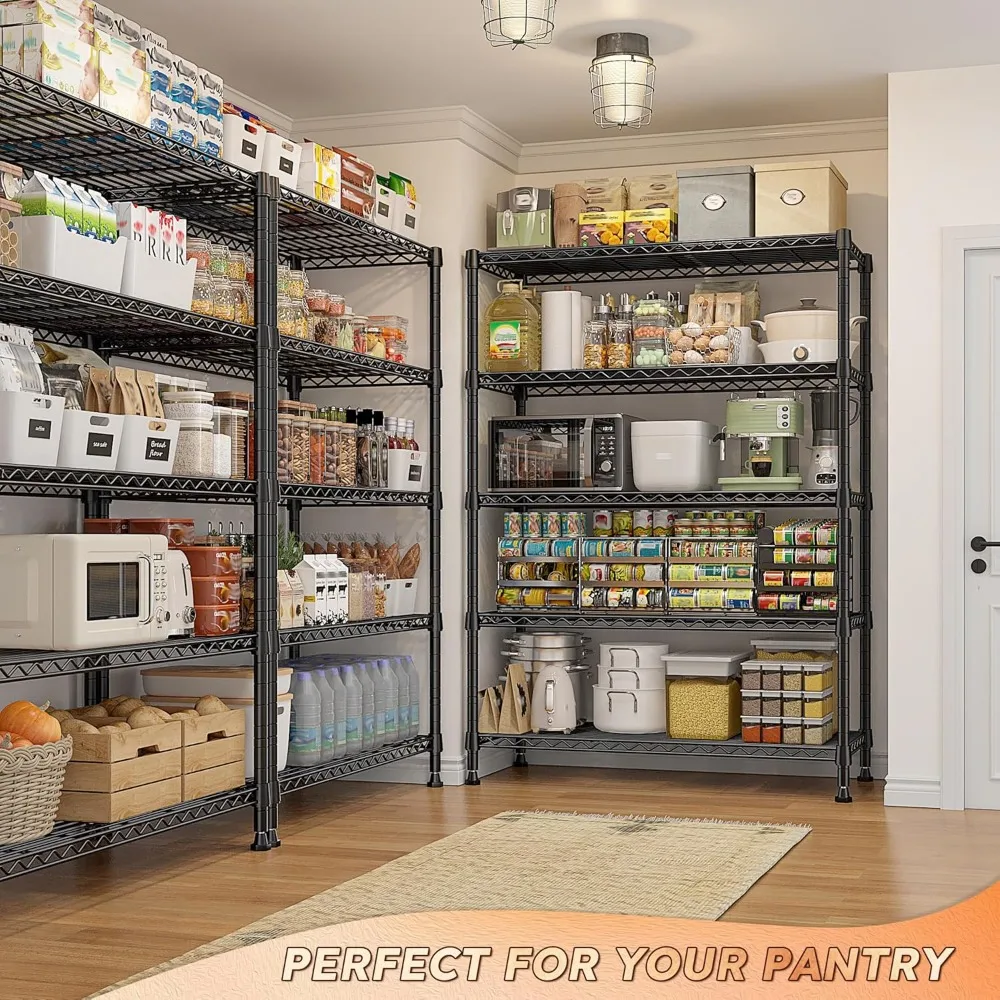 Estante de metal ajustável de 5 camadas com rodas e pés, racks de armazenamento de arame resistentes para dormitórios, comporta até 1653 LBS