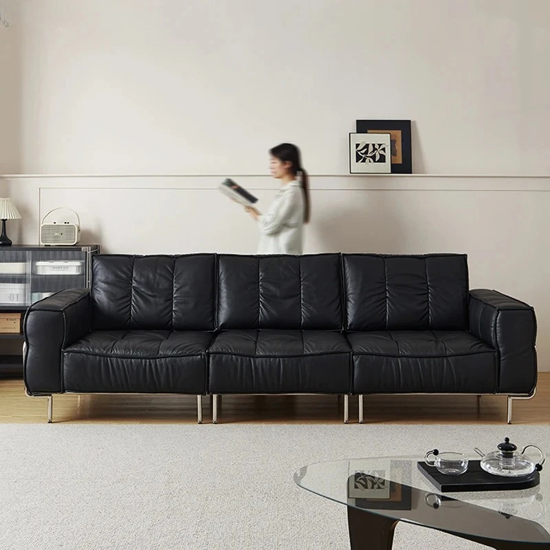 

black sofa living room Bauhaus medieval straight row three-person leather sofa