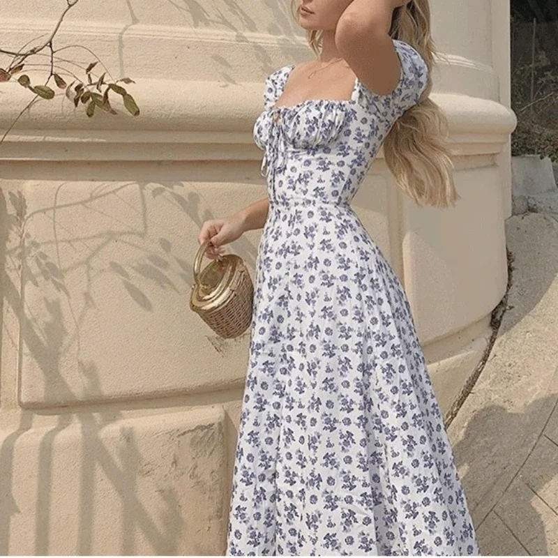 European and American women's summer new printed French floral open back slim strap slit dress Sweet Off Shoulder Ruffle Dress