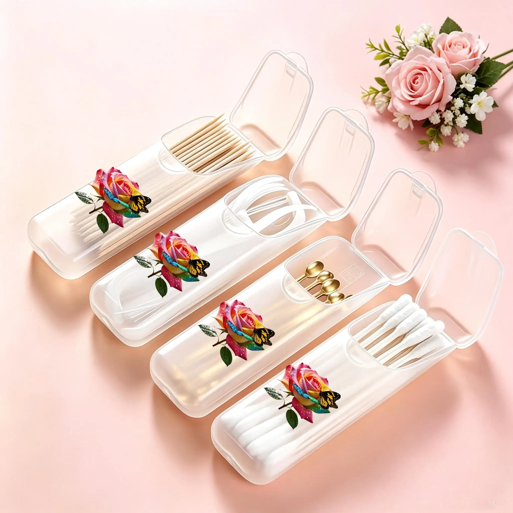Rose & Butterfly Mini Storage Box, Travel Pill & Capsule Case, Food-Grade PP Container for Toothpicks, Dental Floss, Small Parts
