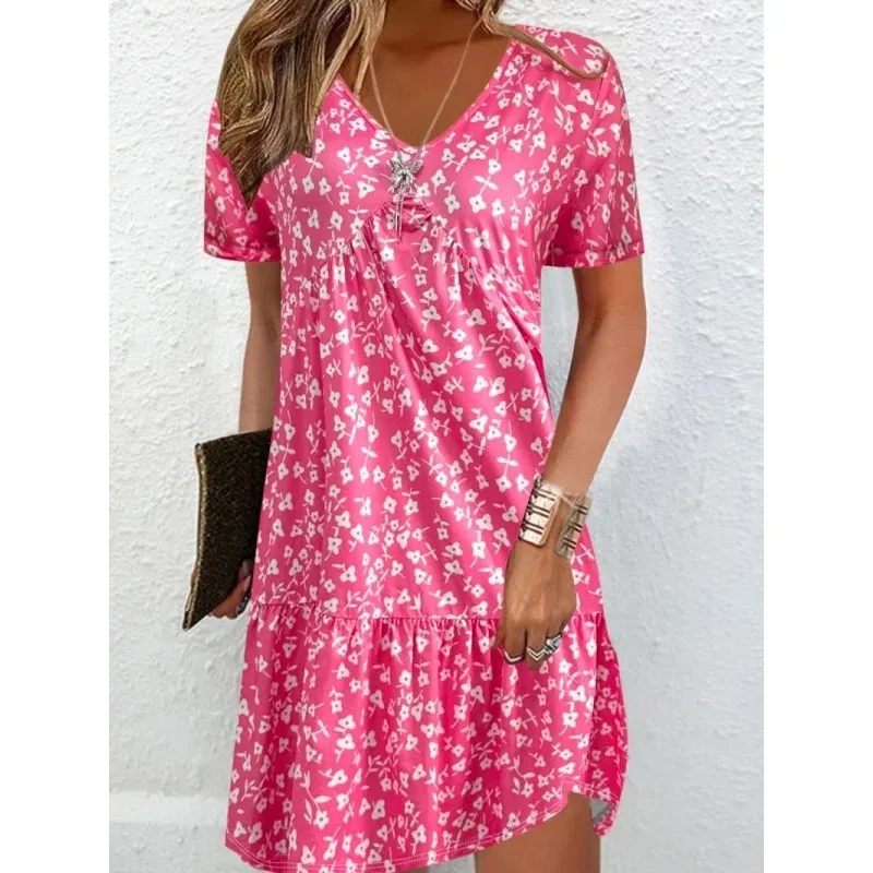 Simple Fashion Women's V-neck Dress Striped Print Women's Dress Summer Loose Comfortable Slit Women's Short-sleeved Dress