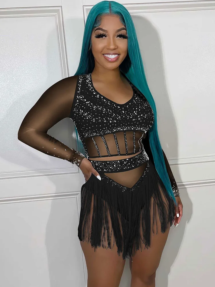 

Sexy Mesh Rhinestone 2 Piece Tassel Set Party Clubwear Bodycon Crop Tops And Skirts See Through Night Club Outfits Matching Sets