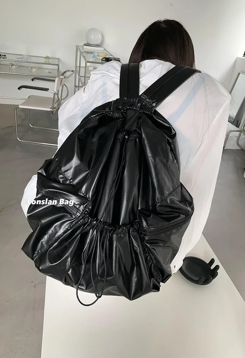 Drawstring Pu Leather School Women Backpack Fashion Ruched Korean Travel Commuter Backpack Women Retro Solid Color Students Bag