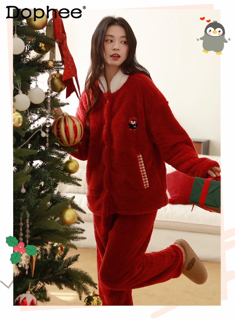 

2025 New Winter Red Coral Fleece Women's Pajamas Thickened Warm Sweet Cute New Year Loose Casual Homewear