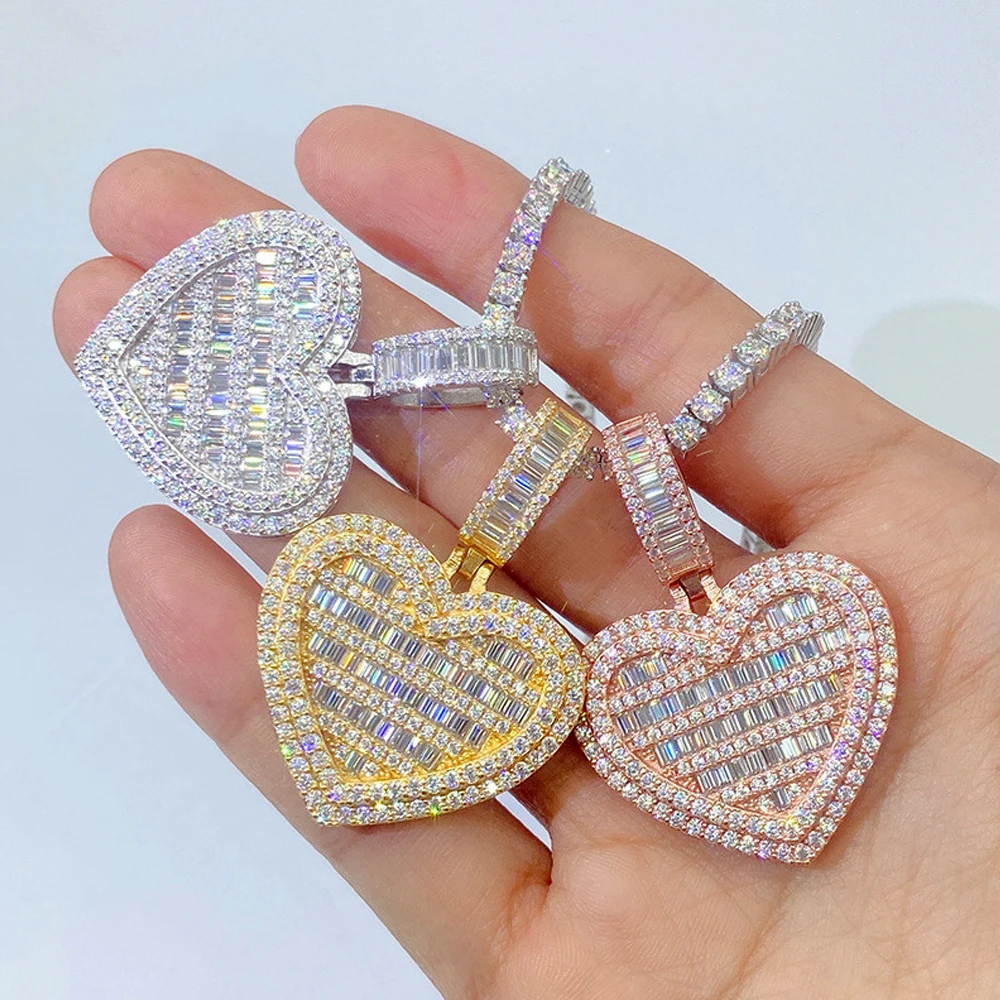 Baguettes Moissanite S925 Silver Heart Pendant Necklaces For Men Real Diamond Necklace Women Jewelry Pass Tester