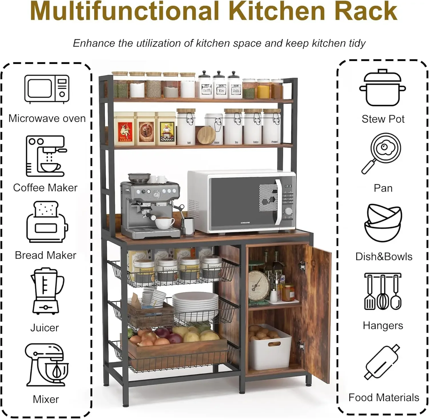 Estante de cocina con cestas y puerta, soporte de horno de microondas Industrial, estante de almacenamiento de utilidad de cocina, cocina independiente