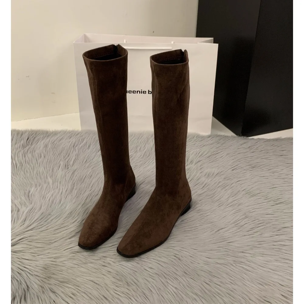 Luxury Designer Vintage Women Knee High Boots Fashion Square Low Heel Shoes Concise Slim Long Botas De Mujer