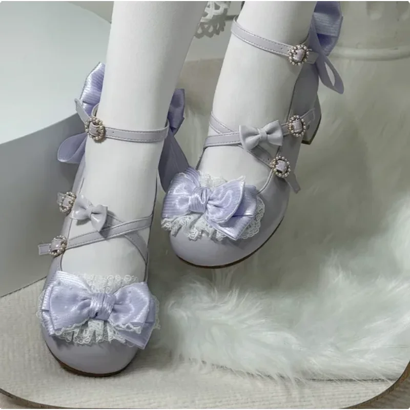Sweet Satin Lolita Low Heel Shoes With Lace Bow  Pearl Detail Plus Size Available Japanese Lolita Girls' Single Shoes