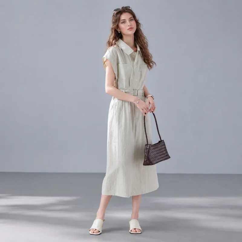 Victoria & Vera Collared Cap Sleeve Shirt Midi Dress, Belted Button Front Dress With Complimentary Printed Bandana Scarf