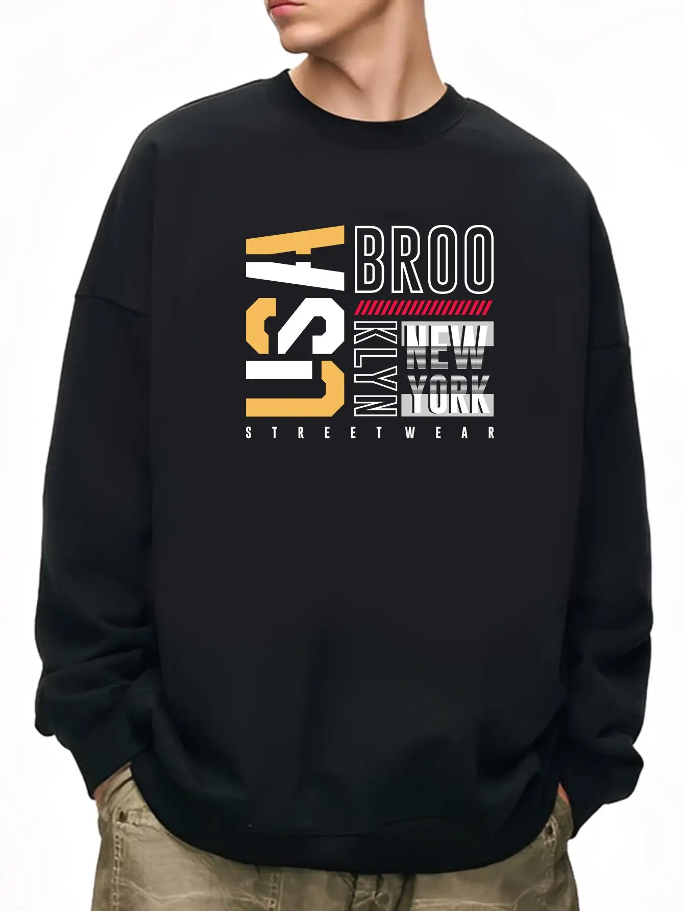 

Men's Black New York Streetstyle Crew Neck Sweater - BROO Letter and City Print Pullover, Regular Casu