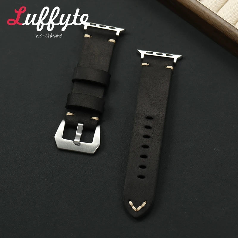 Handmade Vintage Cowhide Leather Watchband for Apple Watch Strap 38/40/41/42/44/45/46/49mm 1-10 SE Ultra 2 Men's Wrist Bracelets