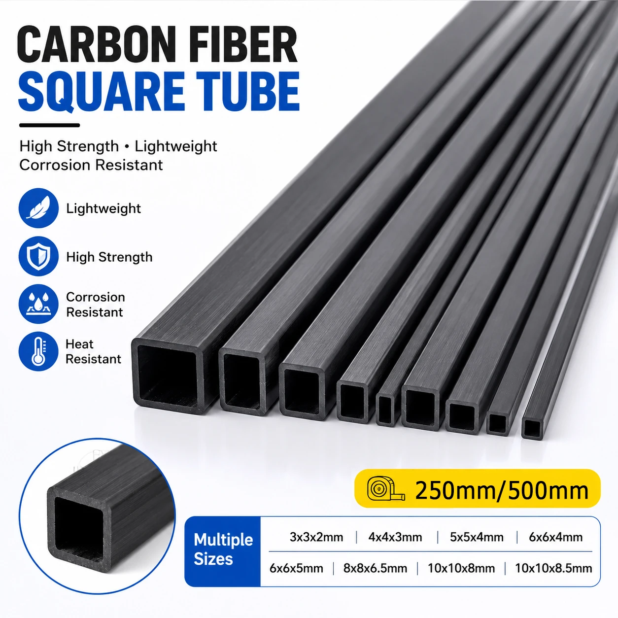1-6Pcs Carbon Fiber Square Tube 250/500mm, 3-10mm Wall Thickness Lightweight Hollow Rod for DIY Drones & Aircraft